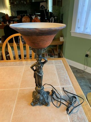 Victorian Style Small Antiqued Brass Table Lamp With Unique Shade