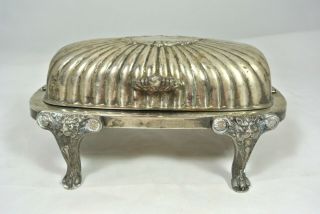 Vtg Antique Roll Top Butter Dish W/ Glass Insert Silver Plated Lion Head Claw