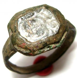Ancient Medieval Bronze Finger Ring Seal With Stone.  (gem)