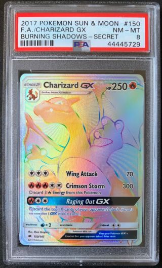2017 Pokemon Card Charizard Gx Burning Shadows Hyper Rare 150/157 Psa 8 Nm - Mt