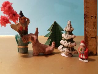 Tiny Antique German Putz/doll House Set Santa Dwarf Dog Tree
