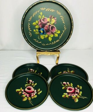 5 Vintage Metal Trays Hand Painted Flowers One 11 " E T Nash Four 8 " No Name