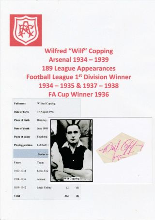 Wilf Copping Arsenal 1934 - 1939 Rare Autograph Cutting On Postcard