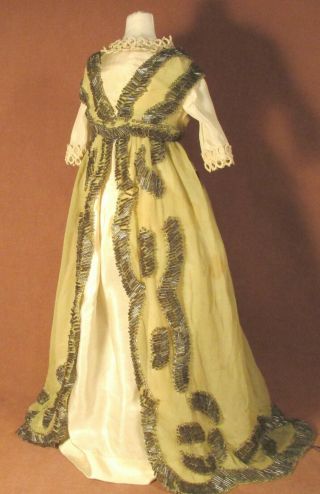 Vintage Doll Dress For 19 " - 21 " Bisque Doll - Beaded Green Silk Over Ivory Silk