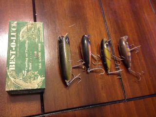 Four Vintage South Bend Best - O - Luck Wood Fishing Lures With 1 Box (941 Rb)