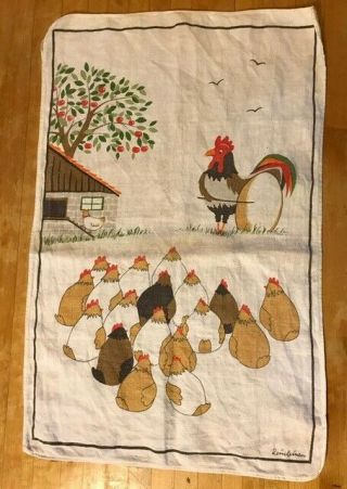 Rare Antique/vintage Rooster Chickens Egg Linen Cloth Table Runner Mat Towel