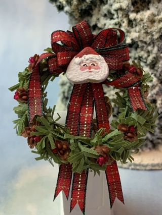 Vintage Miniature Dollhouse Holiday Winter Christmas Wreath Painted Wood Santa