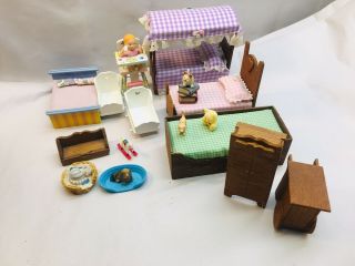 Vintage Miniature Dollhouse Nursery Wood Furniture Cradle High Chair Bed Animals