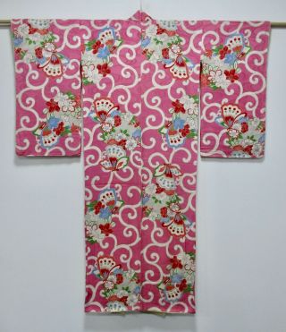 Japanese Silk Antique Kimono / Flower & Butterfly / Karakusa / Rare /686