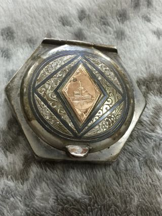 Rare Solid Silver & 9ct Gold Middle Eastern Powder Compact