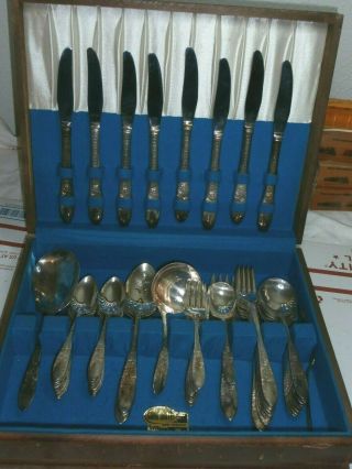 National Silver Co A1 Roses & Leaf Silverware 56 Piece Set Serves 8 W/ Chest