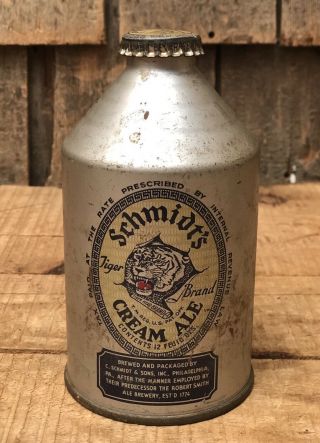 Rare Early Schmidt’s Cream Ale Tiger Brand Cone Top Beer Can Advertising