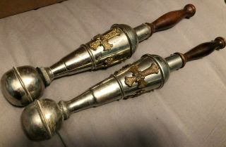 2 Rare Antique Catholic Church Altar Decorative Holy Water Sprinklers W/ Crosses