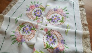 Pretty Vintage Hand Embroidered Tablecloth Old Tea Lace Trim Tea Party