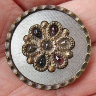 1 3/16 " Antique 3 - Piece Brass Button W Brass And Jeweled Glass Embellishment