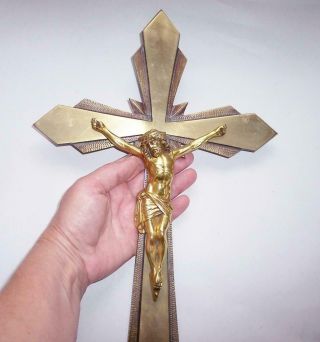 Rare Antique Vintage Large Heavy Art Deco Solid Brass Crucifix Very Detailed