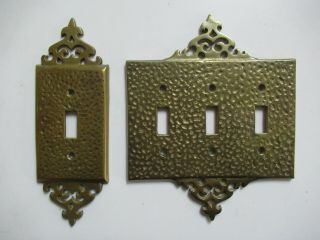 Vintage Set Of 2 Light Switch Plate Covers - Hammered Brass