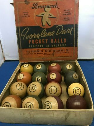 Antique Vintage Pool Balls W/ Box Brunswick Balke Collender Ivorylene Darts