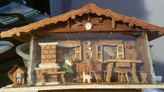 Vintage Folk Art Wood Diorama.  Old Man In A Cabin,  Dog In Doghouse Glass Window