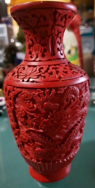 Vintage Chinese Hand Carved Dragons Cinnabar Red Lacquer Vase Black Inside