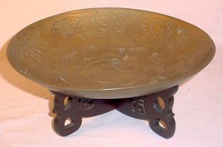 Old Antique Heavy Brass 12 " Chinese Bowl With Wooden Pedestal Double Dragons
