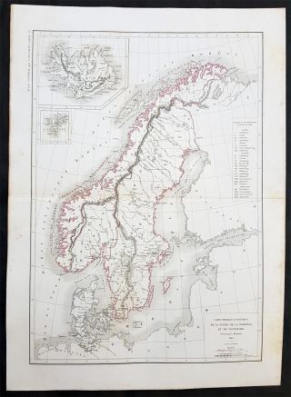 1845 Louis Dussieux Antique Map Of Swden,  Norway,  Denmark & Iceland