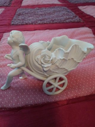 Vintage Porcelain Angel Figurines Cherub Pulling Shell Chariot