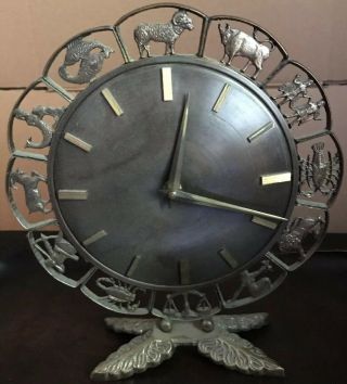 Antique Bronze Brass Desk Or Mantel Clock.  Art Deco Zodiac Pattern.  Astrology.