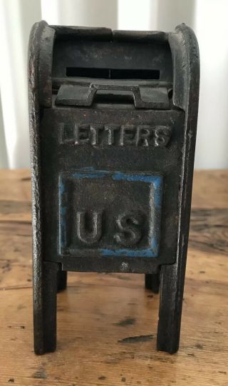 Antique Cast Iron Toy Coin Bank Us Mailbox Air Mail Letters 3.  75 " Tall Vintage