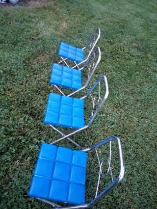 Vintage Retro Mid Century Modern Folding Set Of 4 Blue & Chrome Chairs