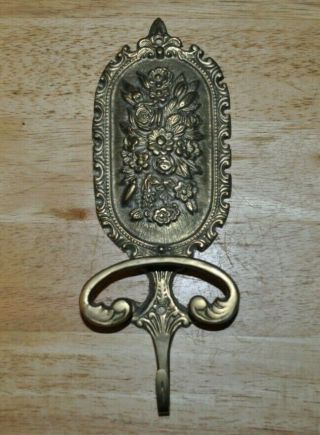Vintage Brass Flowers Art Deco Wall Mount Jacket Hat Hook 10 Inches Tall