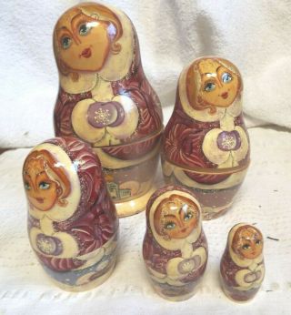 Vintage 5 Piece Winter Theme Russian Nesting Doll 6 "