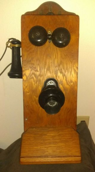 Antique Kellogg Hand Crank Oak Wall Telephone Dovetailed Case Lrg Kellogg Parts