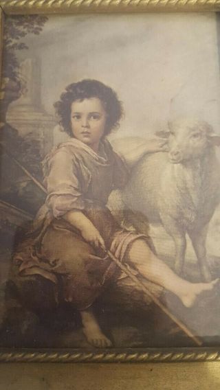 The Divine Shepherd Vintage Framed Print 5 X 7 Gold Wood Frame Child & Sheep