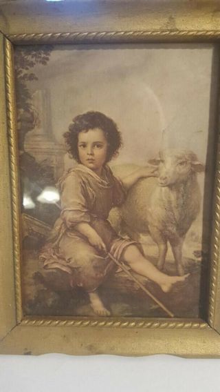 The Divine Shepherd Vintage Framed Print 5 x 7 Gold Wood Frame Child & Sheep 2