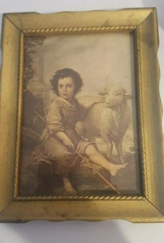 The Divine Shepherd Vintage Framed Print 5 x 7 Gold Wood Frame Child & Sheep 3
