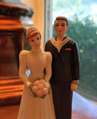 Vintage Ceramic Bride & Groom Cake Topper Wedding Navy Officer Sailor Pink Rose