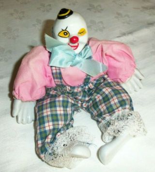 Vintage 8 - Inch Porcelain Harlequin Farmer Clown,  Stuffed Body,