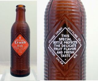 Rare Orange Crush Soda Bottle Winston Salem Nc Amber Krinkly 7 Oz.  1949