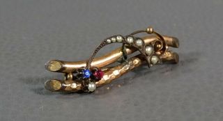19c.  Victorian Rolled Gold Seed Pearls Double Bar Brooch Pin Ruby&sapphire Accent