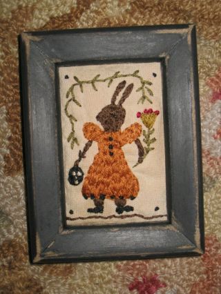 Primitive Tiny Sampler Ms.  Rabbit Carries Pumpkin Early Look Folk Art Halloween