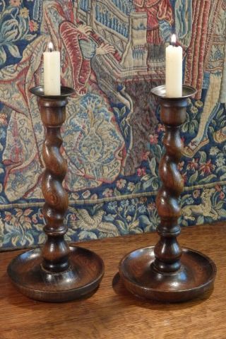 A Antique Oak Barley Twist Candlesticks With Brass Tops 10.  25 " Tall