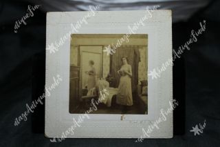 Antique Risque Photo Of Young Woman Taking Off Corset In Dressing Room In Front