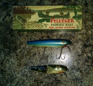 Vintage 2 PFLUEGER PALOMINE Fishing Lures Plus Matching Blue Mullet Box 2