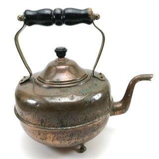 Antique Copper Kettle / Teapot Collectable With Wooden Handle T13