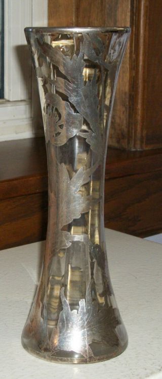 Art Nouveau Silver Overlay Vase With Flowers And Leaves - Circa 11910s - 1920s