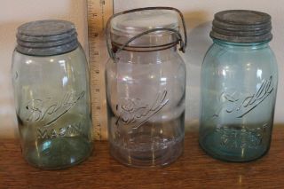 Three 100 - Yr - Old Antique Ball Mason Jars & Lightning Jar