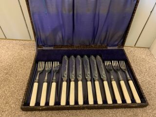 Cased Set Of 6 Fish Knives & Forks,  Hallmarked Silver Collard,  Bone Handles