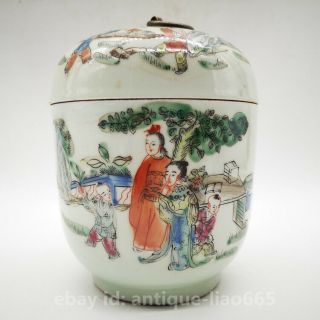 6.  7 " Collect Old Chinese Famille - Rose Porcelain Ancient Figure Pot Tea Canister