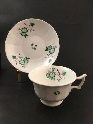 Antique English Porcelain Tea Cup & Saucer Pattern 222 Green Flower Sprays Sprig